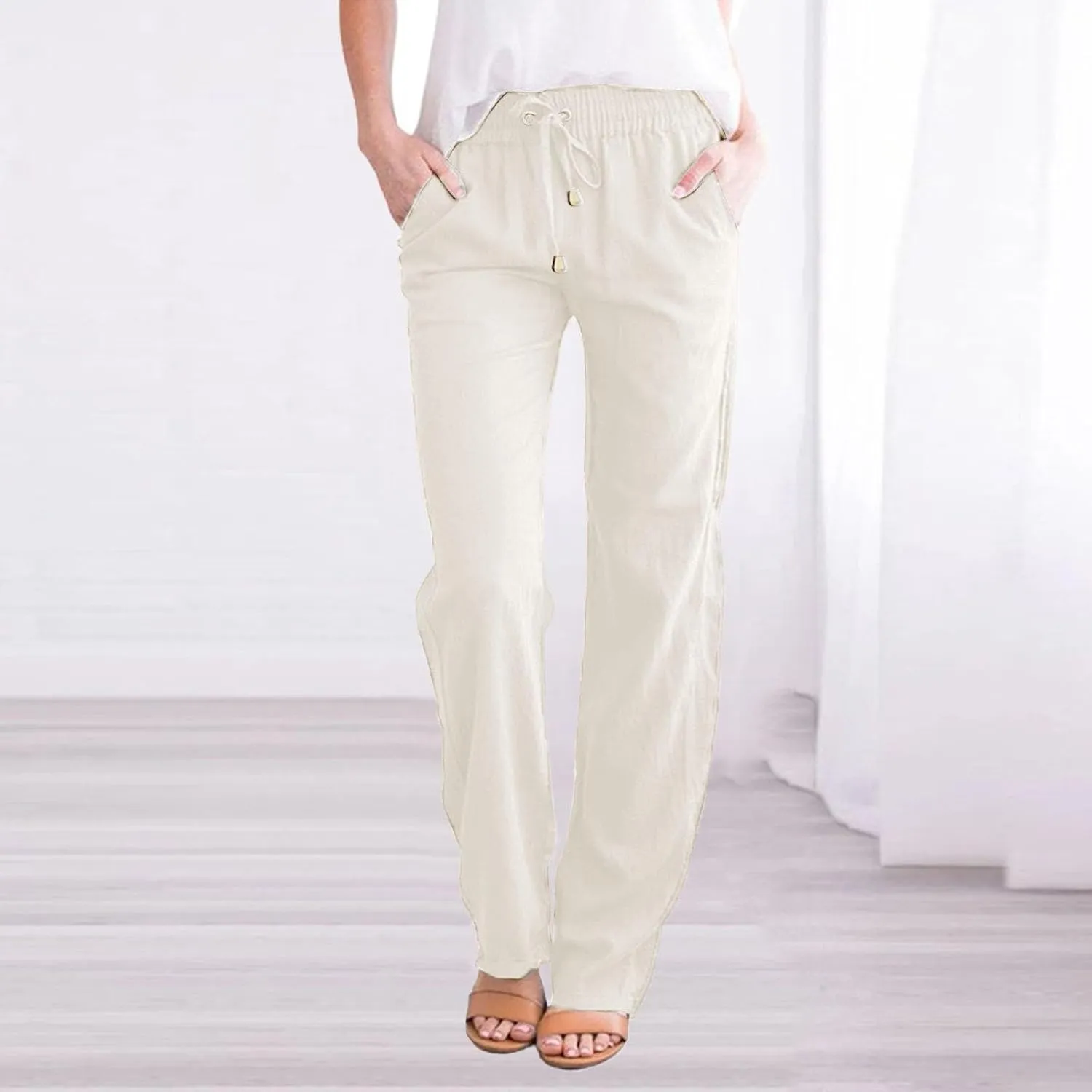 Womens Casual Cotton Linen Pants Lightweight Summer Relax Fit Elastic Waist Plus Size Solid Lounge Long Trousers