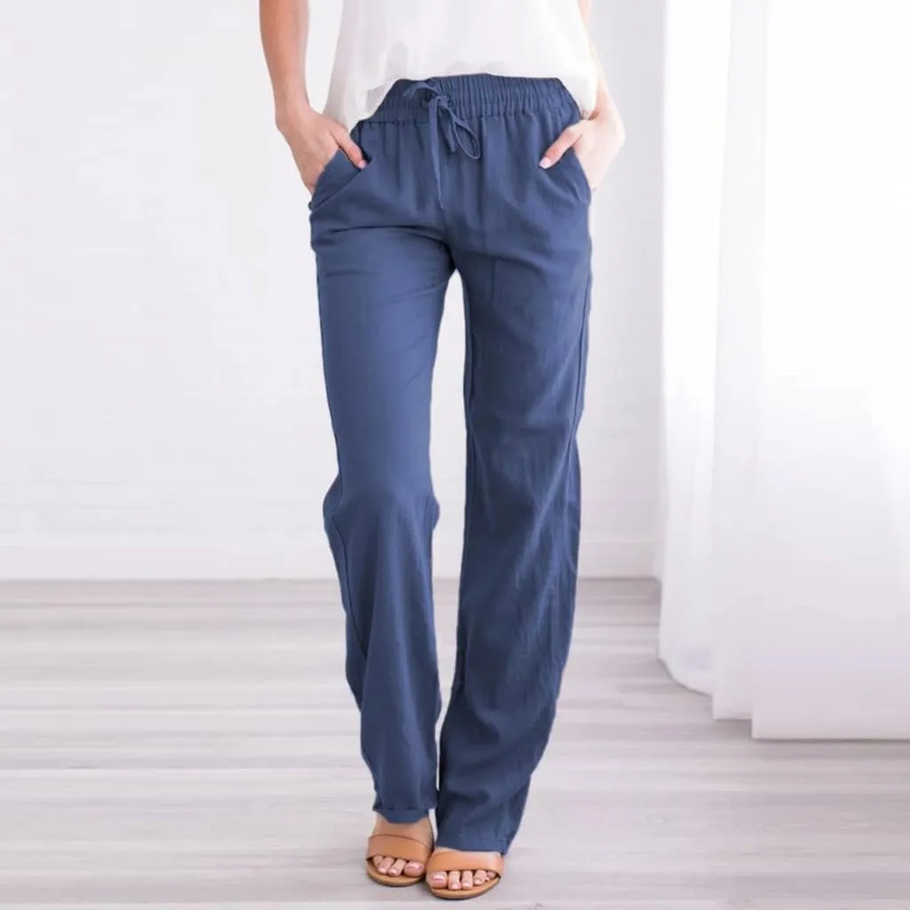 Womens Casual Cotton Linen Pants Lightweight Summer Relax Fit Elastic Waist Plus Size Solid Lounge Long Trousers