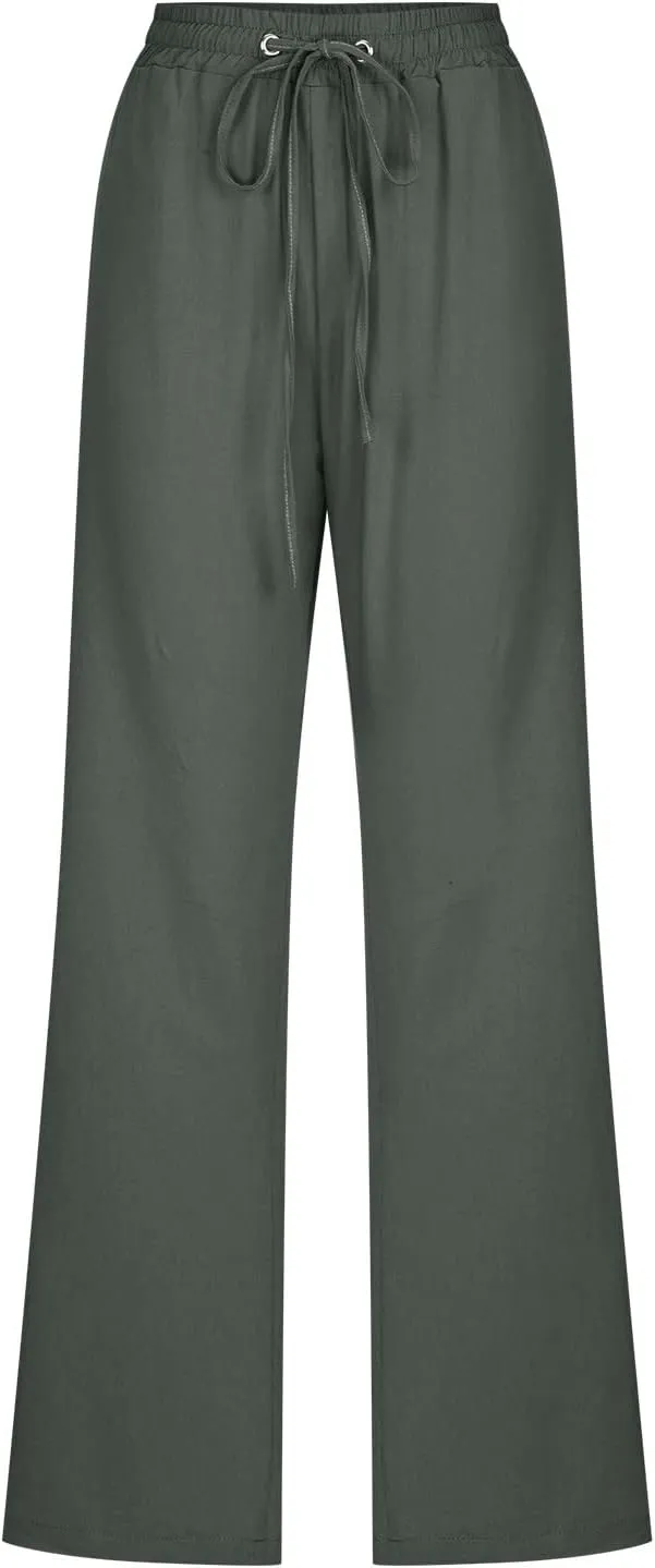 Womens Casual Cotton Linen Pants Lightweight Summer Relax Fit Elastic Waist Plus Size Solid Lounge Long Trousers