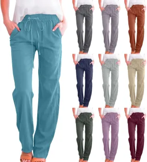 Womens Casual Cotton Linen Pants Lightweight Summer Relax Fit Elastic Waist Plus Size Solid Lounge Long Trousers