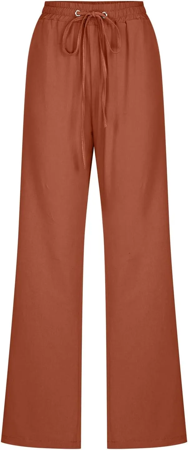 Womens Casual Cotton Linen Pants Lightweight Summer Relax Fit Elastic Waist Plus Size Solid Lounge Long Trousers