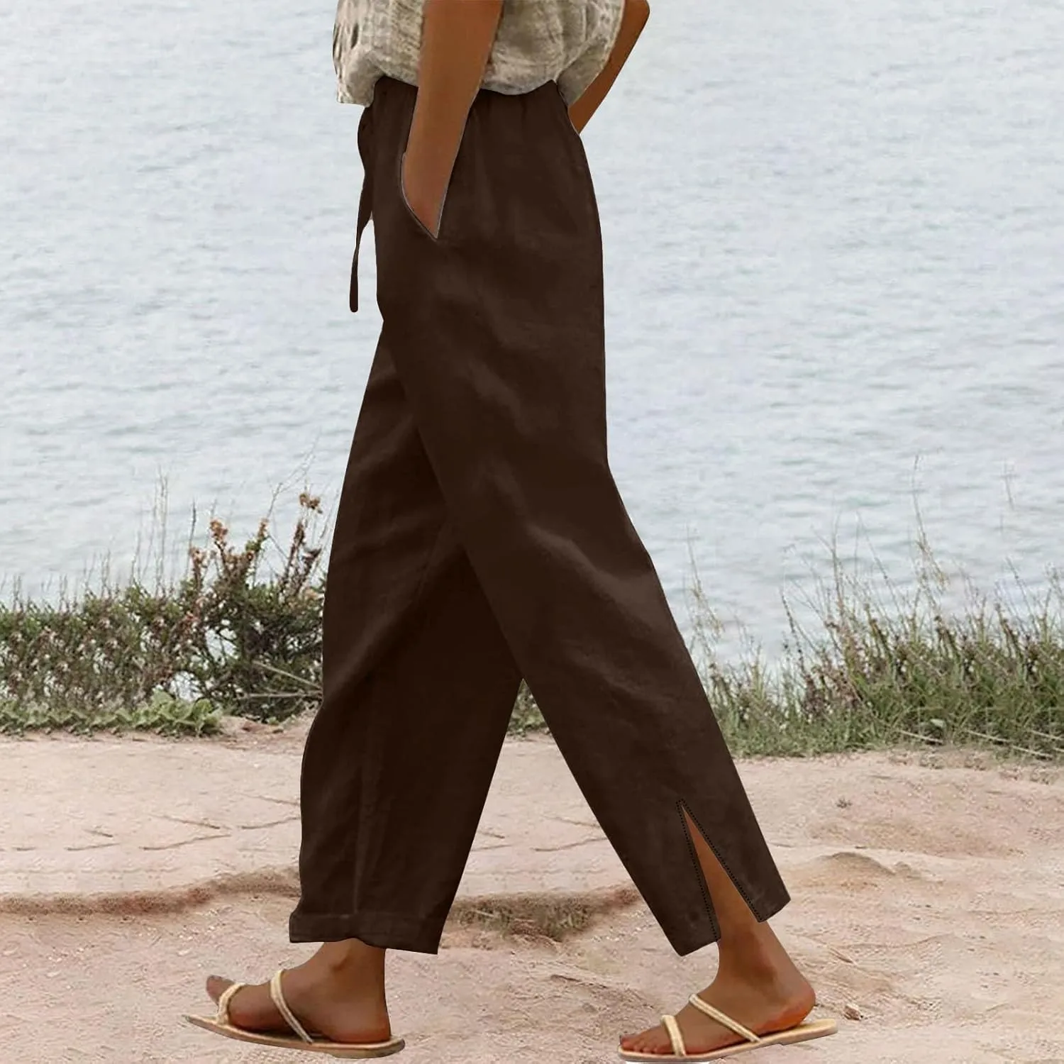 Womens Casual Cotton Linen Pants Lightweight Summer Relax Fit Elastic Waist Plus Size Solid Lounge Long Trousers