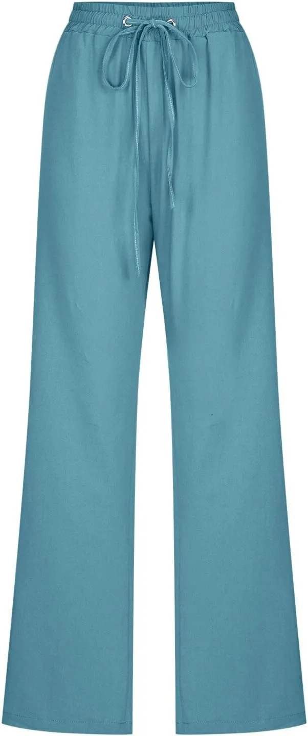 Womens Casual Cotton Linen Pants Lightweight Summer Relax Fit Elastic Waist Plus Size Solid Lounge Long Trousers