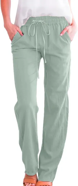 Womens Casual Cotton Linen Pants Lightweight Summer Relax Fit Elastic Waist Plus Size Solid Lounge Long Trousers