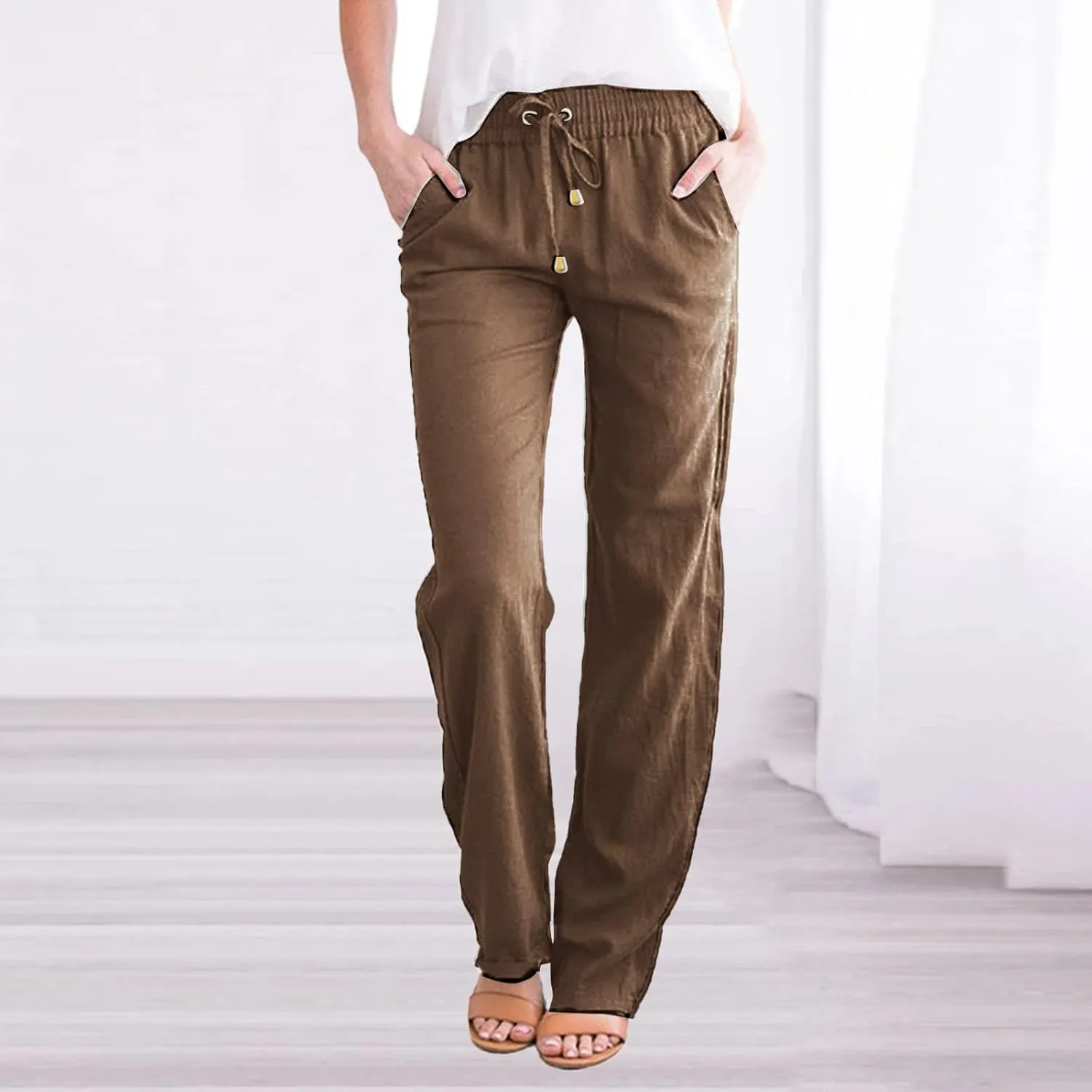 Womens Casual Cotton Linen Pants Lightweight Summer Relax Fit Elastic Waist Plus Size Solid Lounge Long Trousers