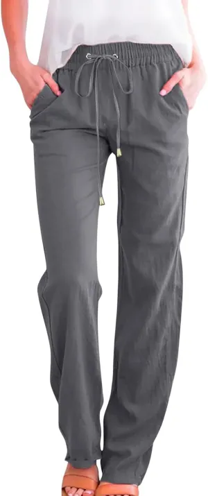 Womens Casual Cotton Linen Pants Lightweight Summer Relax Fit Elastic Waist Plus Size Solid Lounge Long Trousers
