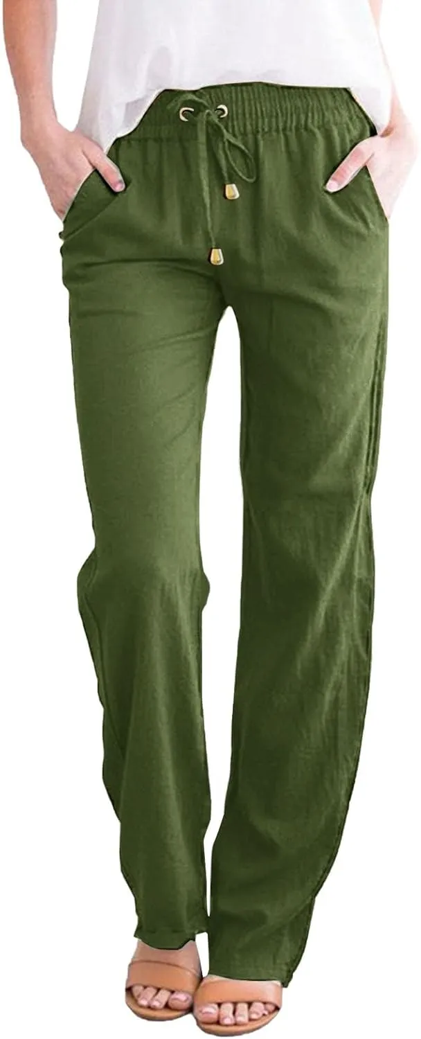 Womens Casual Cotton Linen Pants Lightweight Summer Relax Fit Elastic Waist Plus Size Solid Lounge Long Trousers