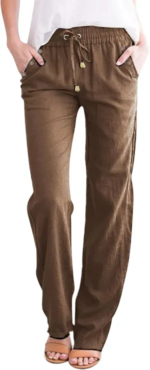 Womens Casual Cotton Linen Pants Lightweight Summer Relax Fit Elastic Waist Plus Size Solid Lounge Long Trousers