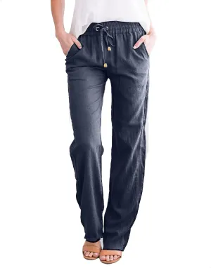 Womens Casual Cotton Linen Pants Lightweight Summer Relax Fit Elastic Waist Plus Size Solid Lounge Long Trousers