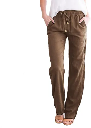Womens Casual Cotton Linen Pants Lightweight Summer Relax Fit Elastic Waist Plus Size Solid Lounge Long Trousers