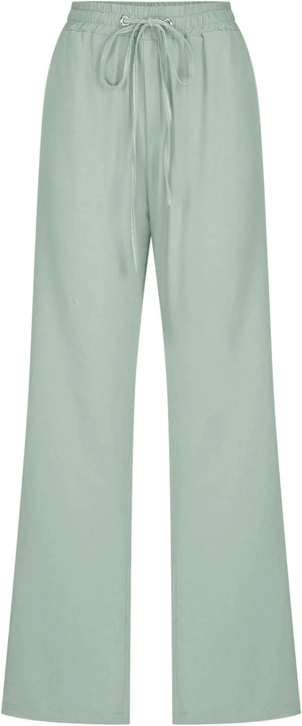 Womens Casual Cotton Linen Pants Lightweight Summer Relax Fit Elastic Waist Plus Size Solid Lounge Long Trousers