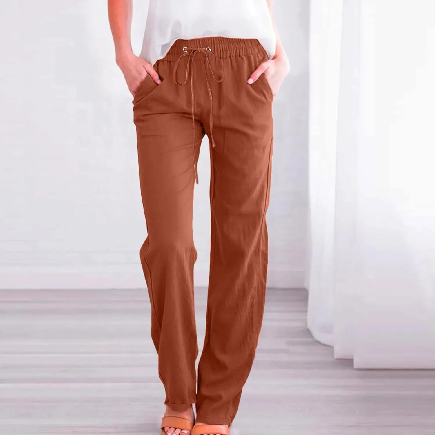 Womens Casual Cotton Linen Pants Lightweight Summer Relax Fit Elastic Waist Plus Size Solid Lounge Long Trousers