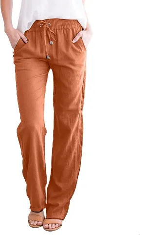 Womens Casual Cotton Linen Pants Lightweight Summer Relax Fit Elastic Waist Plus Size Solid Lounge Long Trousers