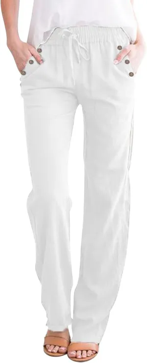 Womens Casual Cotton Linen Pants Lightweight Summer Relax Fit Elastic Waist Plus Size Solid Lounge Long Trousers