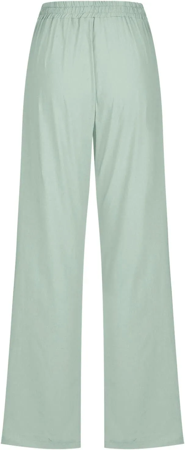 Womens Casual Cotton Linen Pants Lightweight Summer Relax Fit Elastic Waist Plus Size Solid Lounge Long Trousers