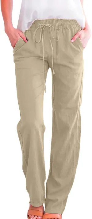 Womens Casual Cotton Linen Pants Lightweight Summer Relax Fit Elastic Waist Plus Size Solid Lounge Long Trousers