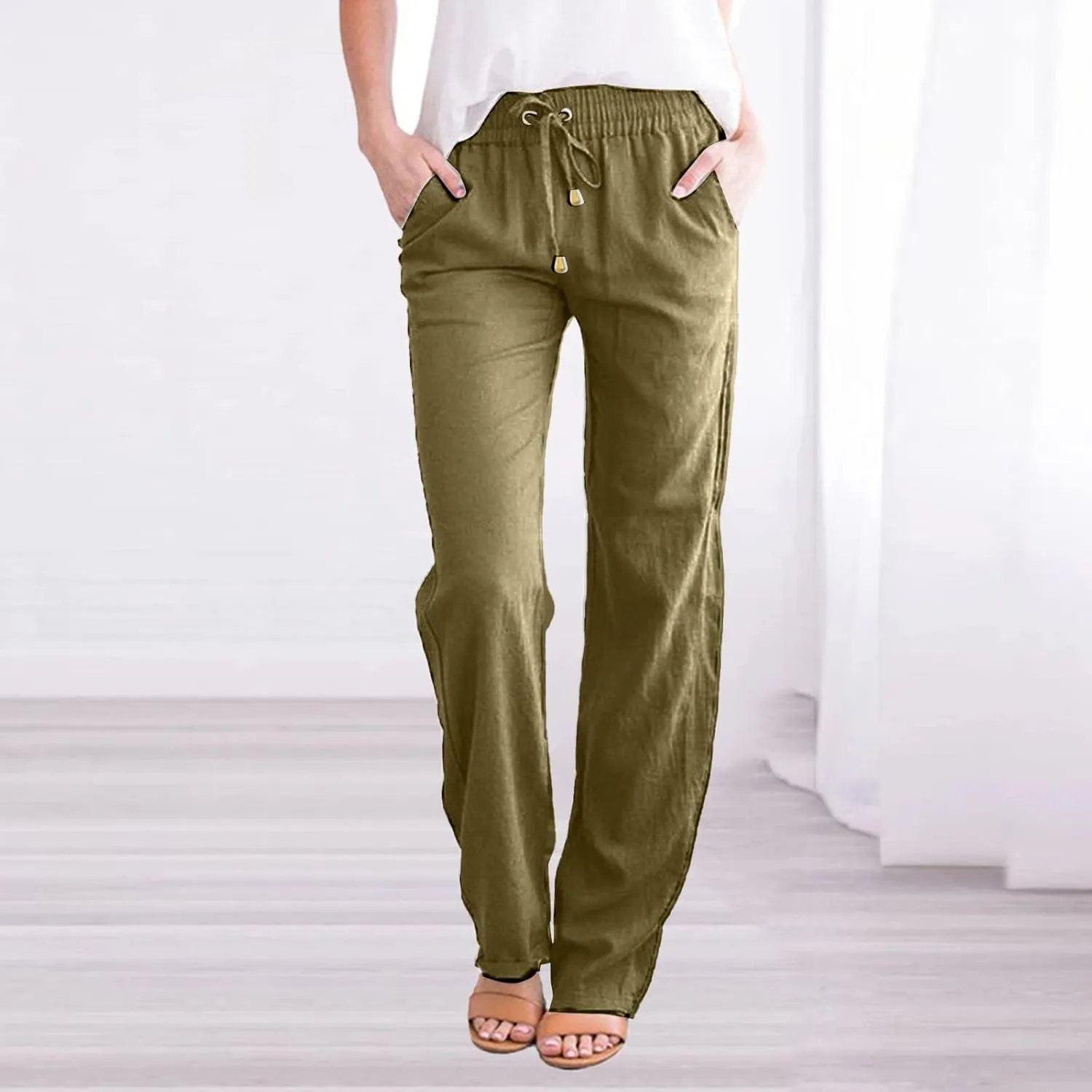 Womens Casual Cotton Linen Pants Lightweight Summer Relax Fit Elastic Waist Plus Size Solid Lounge Long Trousers