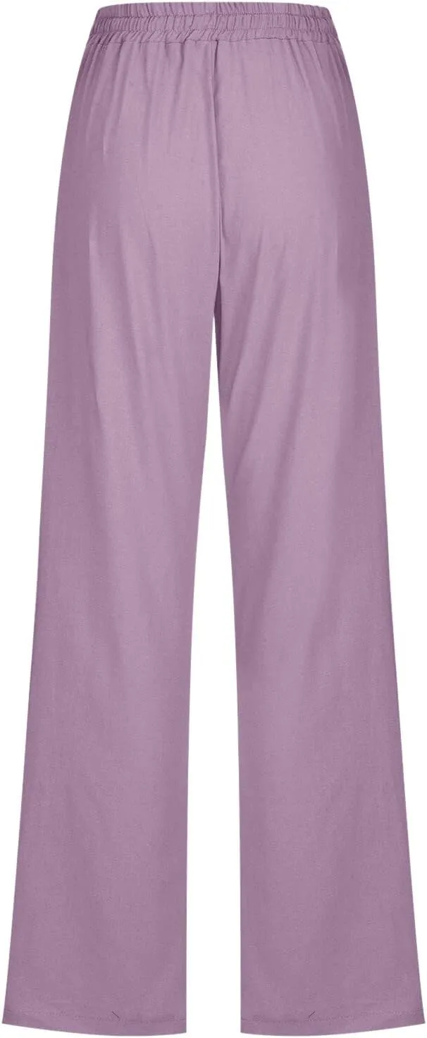 Womens Casual Cotton Linen Pants Lightweight Summer Relax Fit Elastic Waist Plus Size Solid Lounge Long Trousers