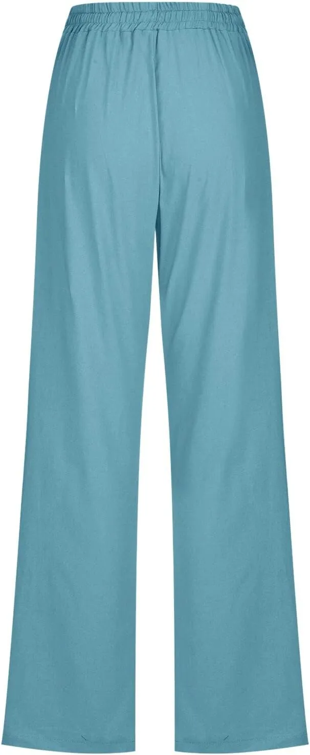 Womens Casual Cotton Linen Pants Lightweight Summer Relax Fit Elastic Waist Plus Size Solid Lounge Long Trousers