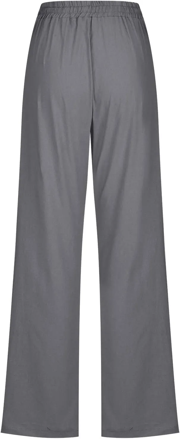 Womens Casual Cotton Linen Pants Lightweight Summer Relax Fit Elastic Waist Plus Size Solid Lounge Long Trousers
