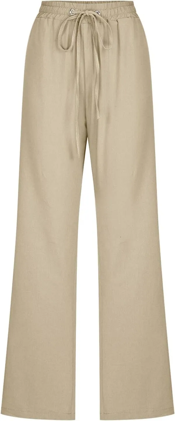 Womens Casual Cotton Linen Pants Lightweight Summer Relax Fit Elastic Waist Plus Size Solid Lounge Long Trousers