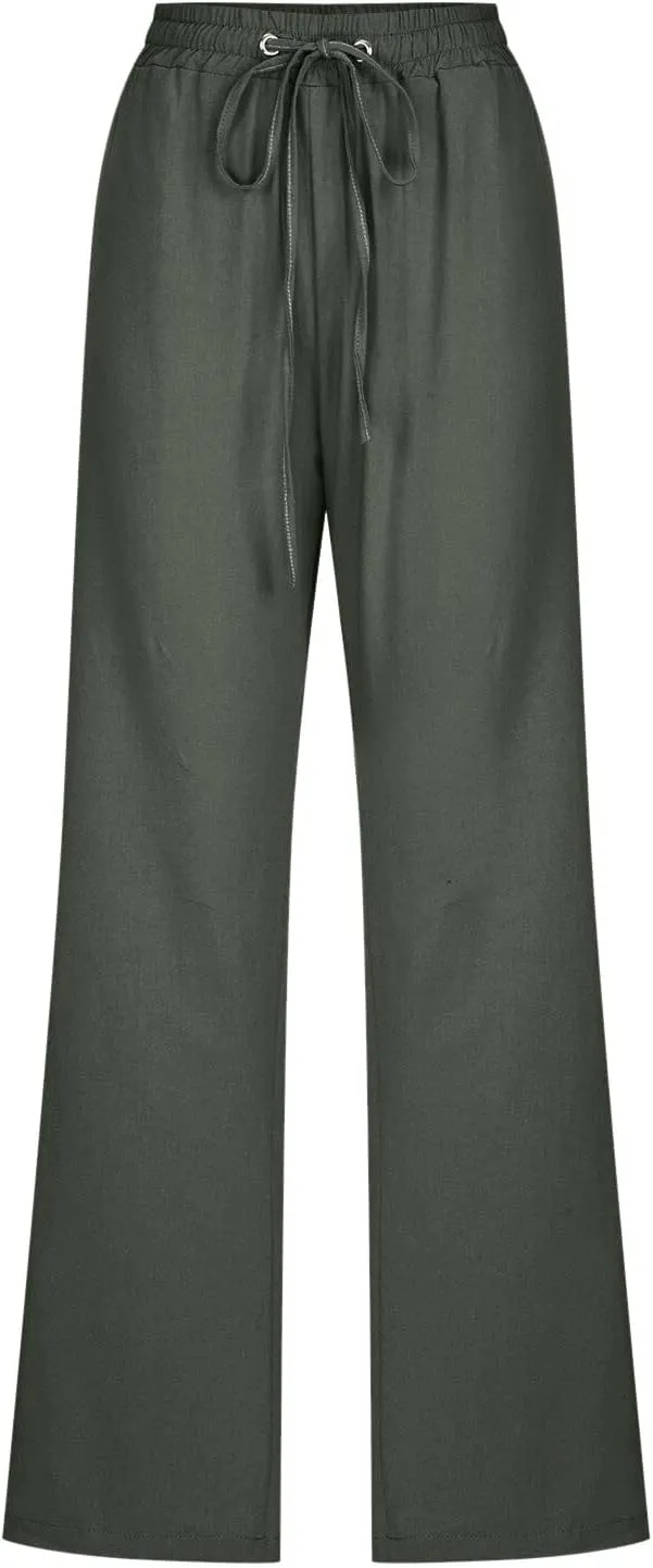Womens Casual Cotton Linen Pants Lightweight Summer Relax Fit Elastic Waist Plus Size Solid Lounge Long Trousers