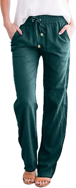 Womens Casual Cotton Linen Pants Lightweight Summer Relax Fit Elastic Waist Plus Size Solid Lounge Long Trousers