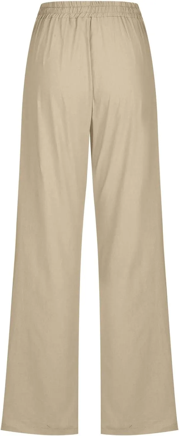 Womens Casual Cotton Linen Pants Lightweight Summer Relax Fit Elastic Waist Plus Size Solid Lounge Long Trousers