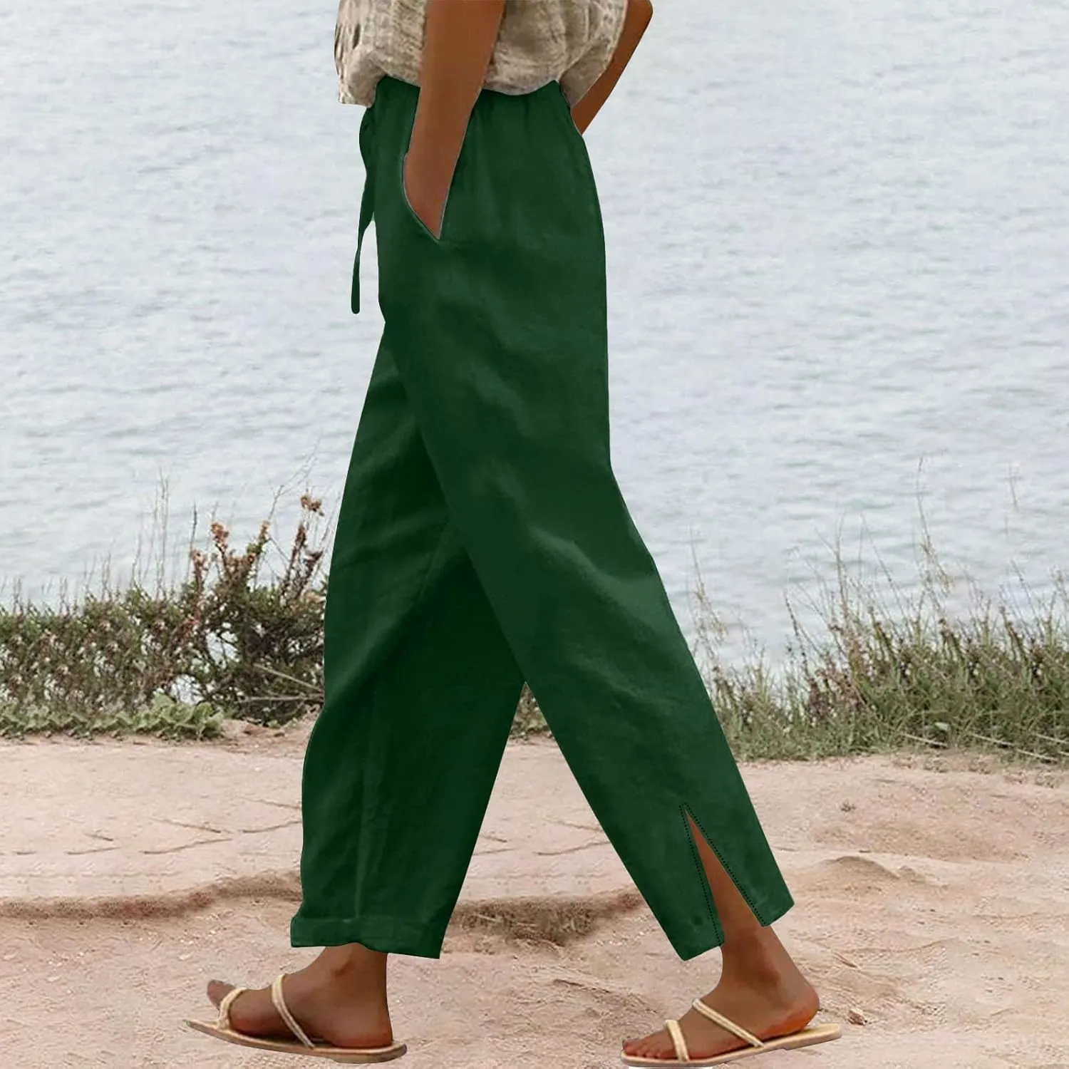 Womens Casual Cotton Linen Pants Lightweight Summer Relax Fit Elastic Waist Plus Size Solid Lounge Long Trousers