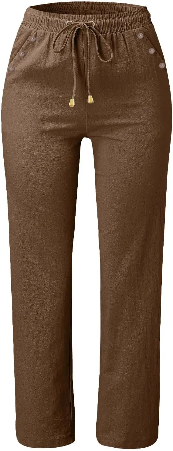 Womens Casual Cotton Linen Pants Lightweight Summer Relax Fit Elastic Waist Plus Size Solid Lounge Long Trousers