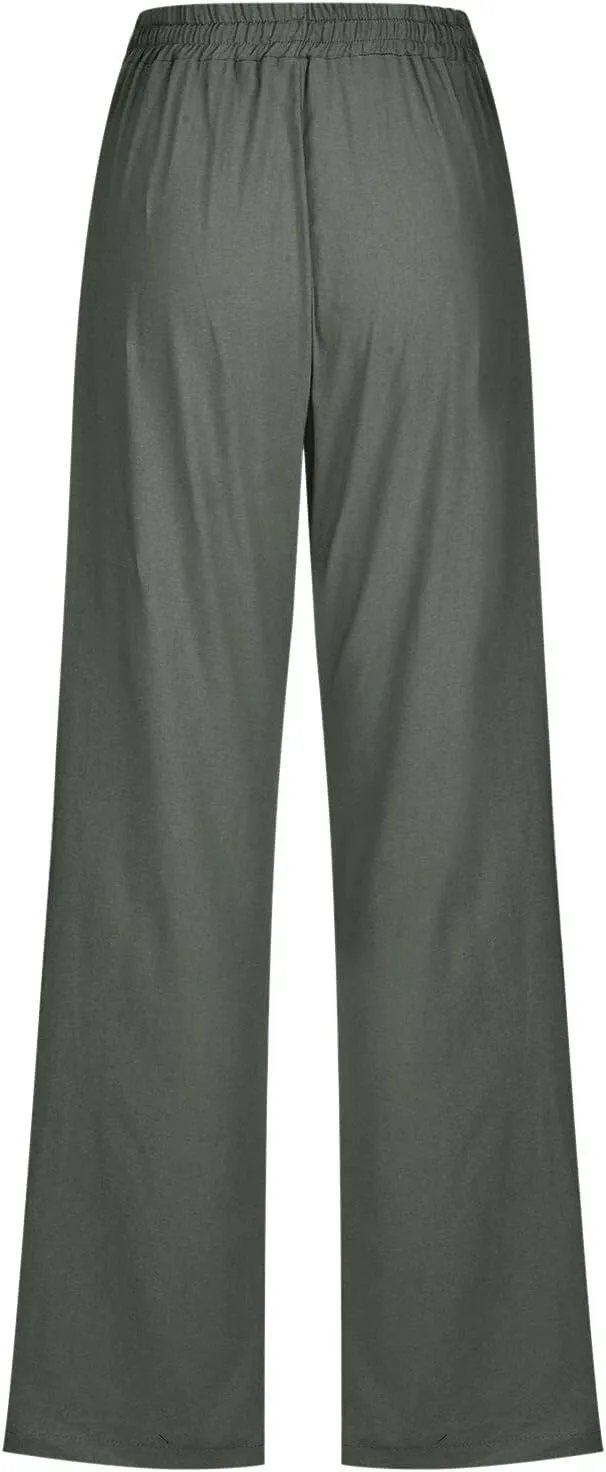 Womens Casual Cotton Linen Pants Lightweight Summer Relax Fit Elastic Waist Plus Size Solid Lounge Long Trousers