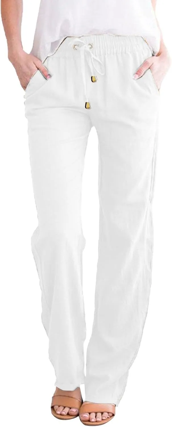 Womens Casual Cotton Linen Pants Lightweight Summer Relax Fit Elastic Waist Plus Size Solid Lounge Long Trousers