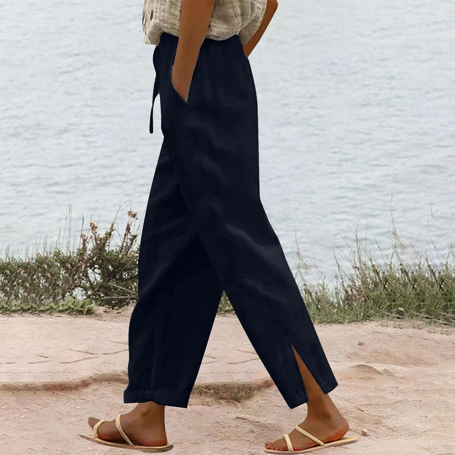 Womens Casual Cotton Linen Pants Lightweight Summer Relax Fit Elastic Waist Plus Size Solid Lounge Long Trousers
