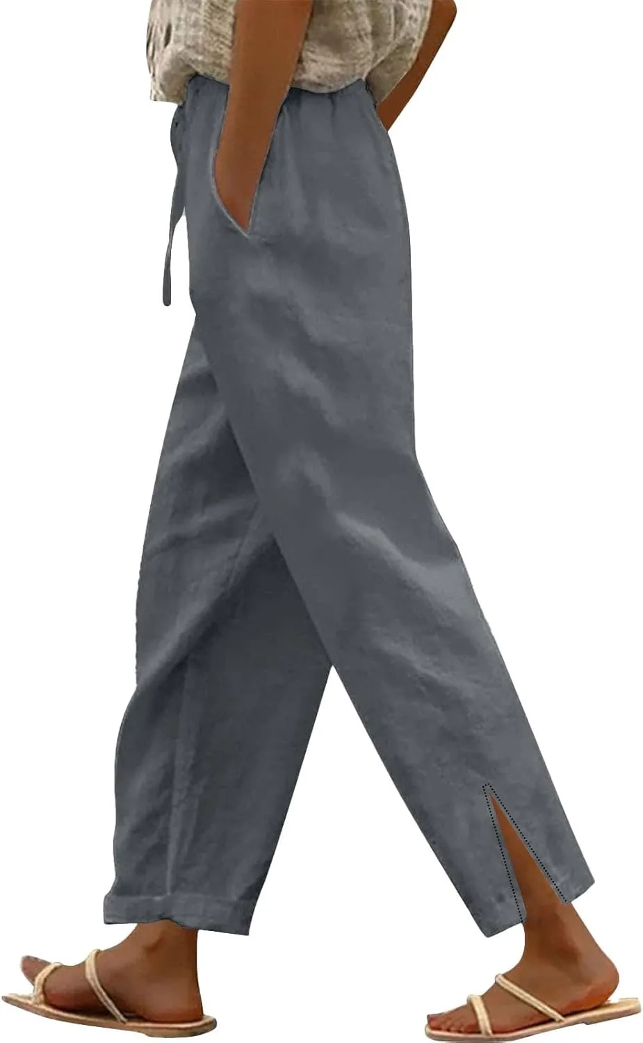Womens Casual Cotton Linen Pants Lightweight Summer Relax Fit Elastic Waist Plus Size Solid Lounge Long Trousers