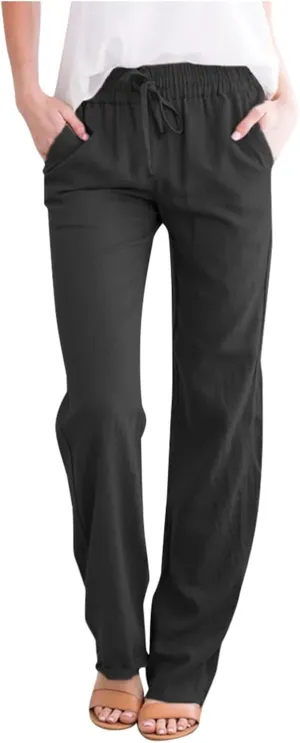 Womens Casual Cotton Linen Pants Lightweight Summer Relax Fit Elastic Waist Plus Size Solid Lounge Long Trousers