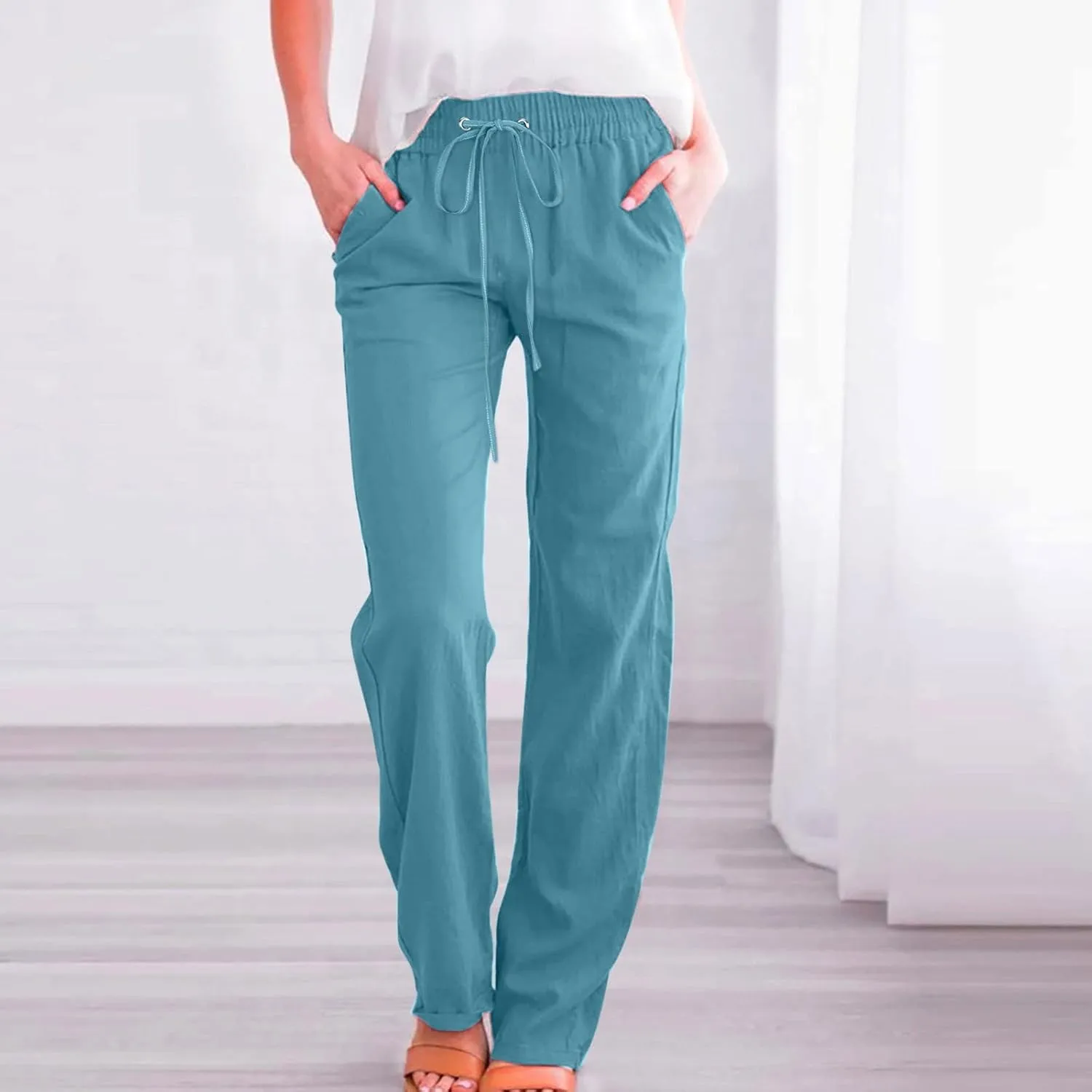 Womens Casual Cotton Linen Pants Lightweight Summer Relax Fit Elastic Waist Plus Size Solid Lounge Long Trousers