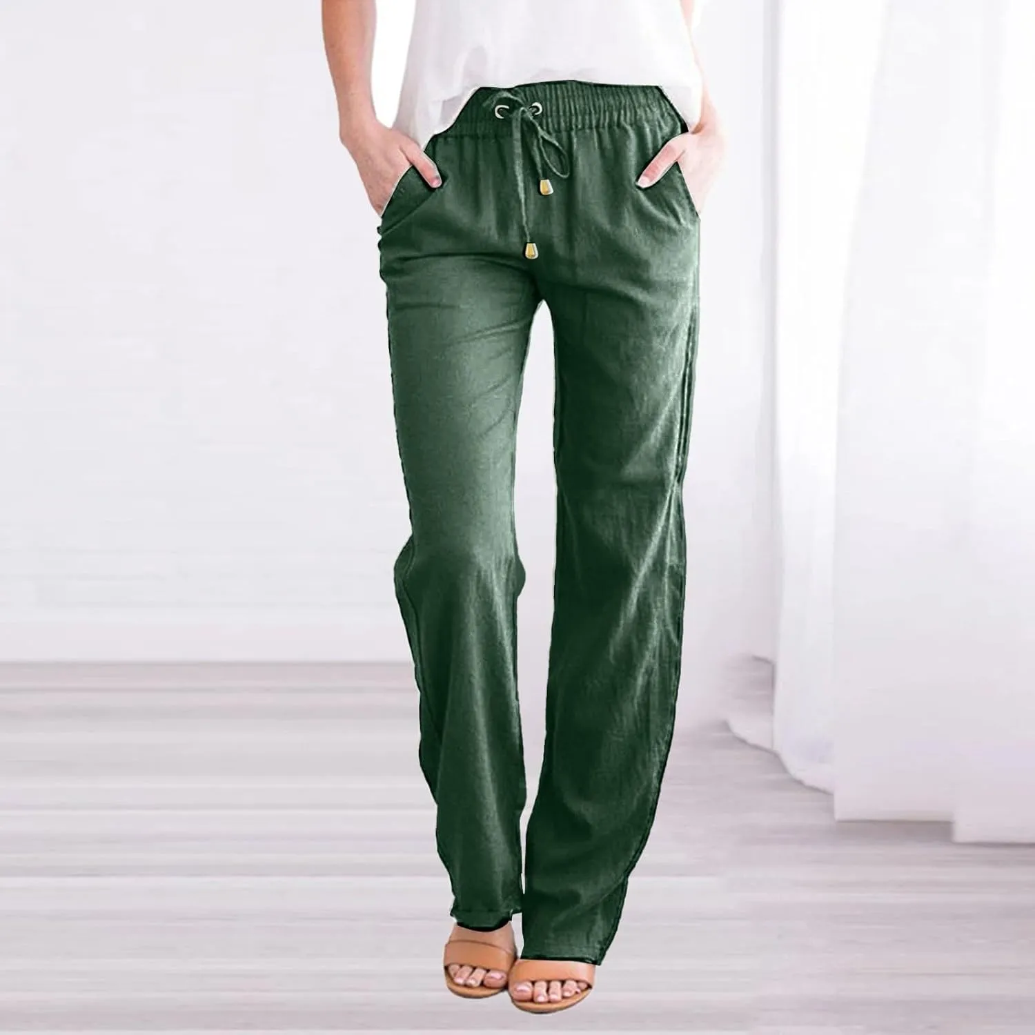 Womens Casual Cotton Linen Pants Lightweight Summer Relax Fit Elastic Waist Plus Size Solid Lounge Long Trousers