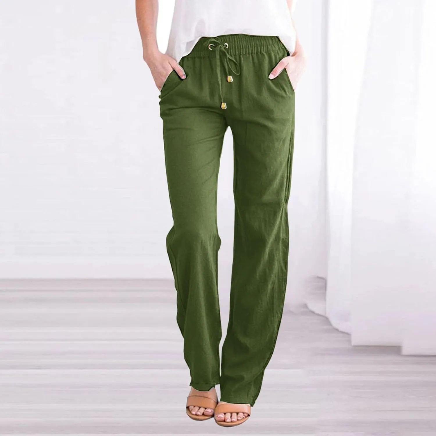 Womens Casual Cotton Linen Pants Lightweight Summer Relax Fit Elastic Waist Plus Size Solid Lounge Long Trousers
