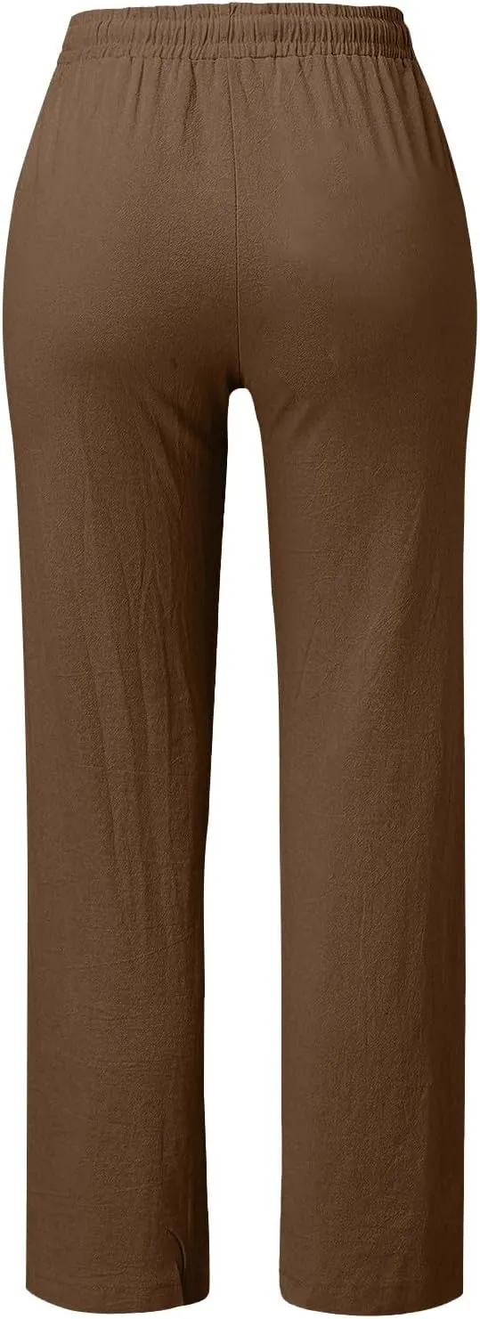 Womens Casual Cotton Linen Pants Lightweight Summer Relax Fit Elastic Waist Plus Size Solid Lounge Long Trousers