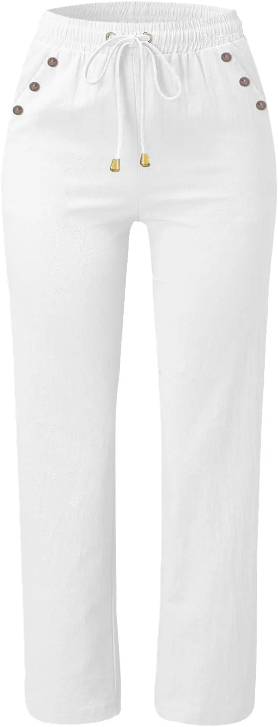Womens Casual Cotton Linen Pants Lightweight Summer Relax Fit Elastic Waist Plus Size Solid Lounge Long Trousers