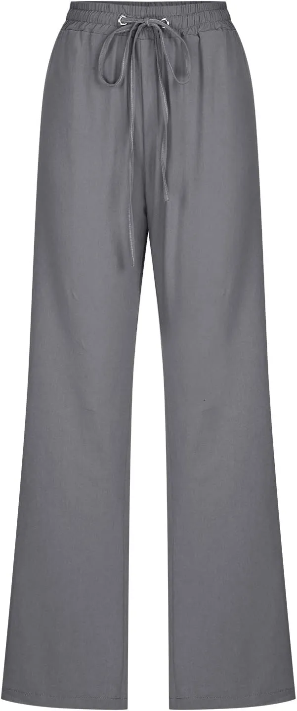 Womens Casual Cotton Linen Pants Lightweight Summer Relax Fit Elastic Waist Plus Size Solid Lounge Long Trousers