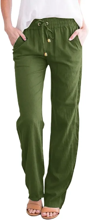 Womens Casual Cotton Linen Pants Lightweight Summer Relax Fit Elastic Waist Plus Size Solid Lounge Long Trousers