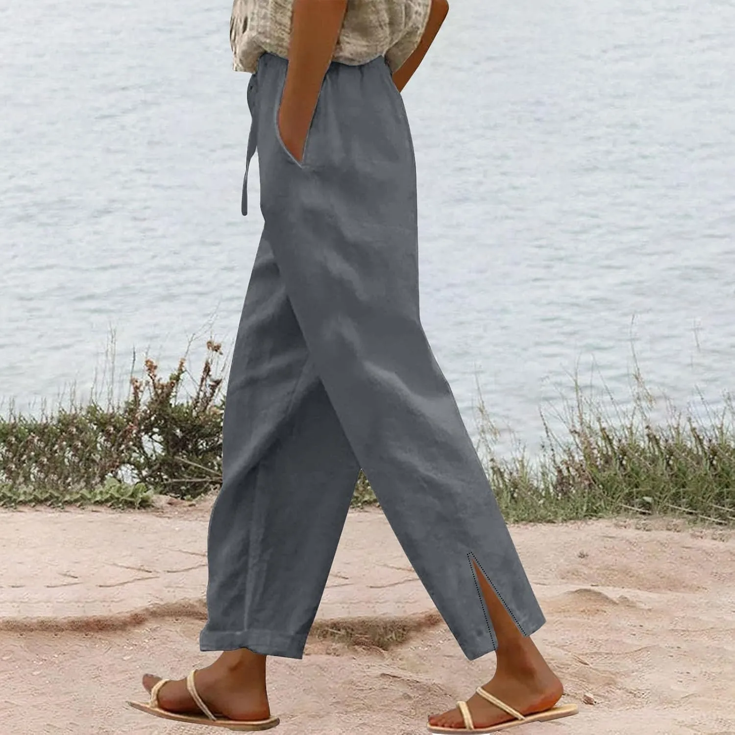 Womens Casual Cotton Linen Pants Lightweight Summer Relax Fit Elastic Waist Plus Size Solid Lounge Long Trousers