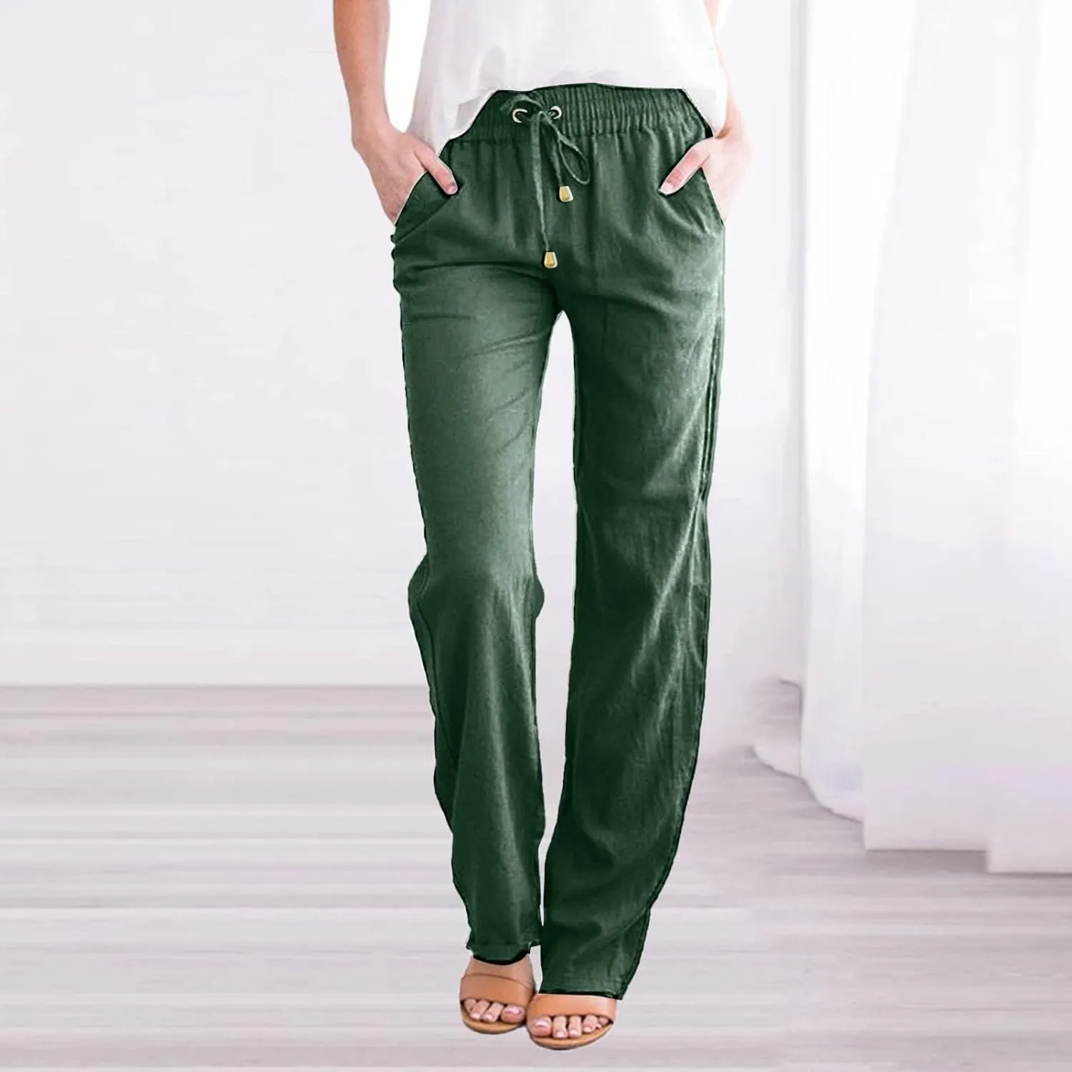 Womens Casual Cotton Linen Pants Lightweight Summer Relax Fit Elastic Waist Plus Size Solid Lounge Long Trousers