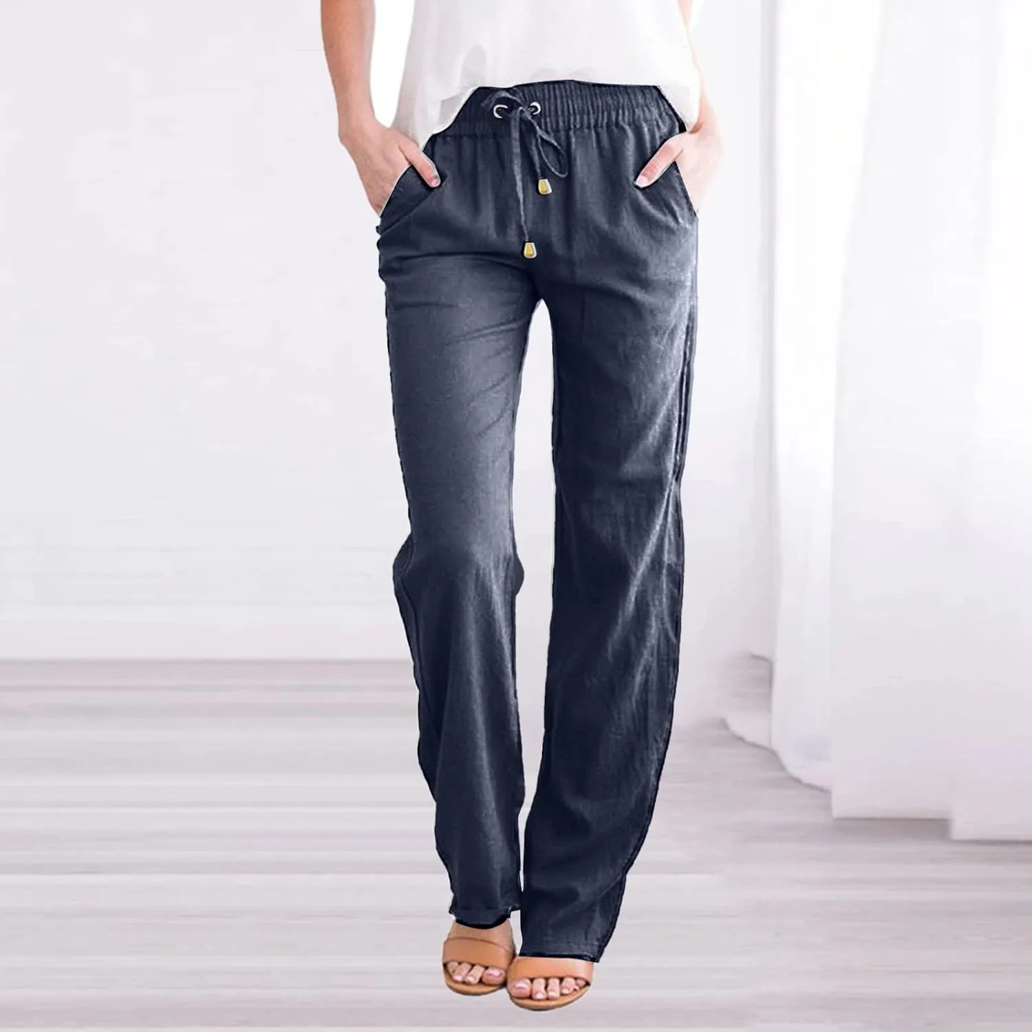 Womens Casual Cotton Linen Pants Lightweight Summer Relax Fit Elastic Waist Plus Size Solid Lounge Long Trousers