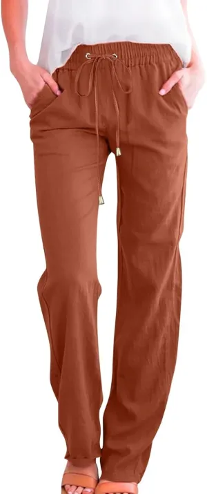 Womens Casual Cotton Linen Pants Lightweight Summer Relax Fit Elastic Waist Plus Size Solid Lounge Long Trousers