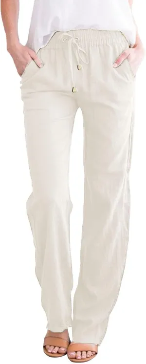 Womens Casual Cotton Linen Pants Lightweight Summer Relax Fit Elastic Waist Plus Size Solid Lounge Long Trousers