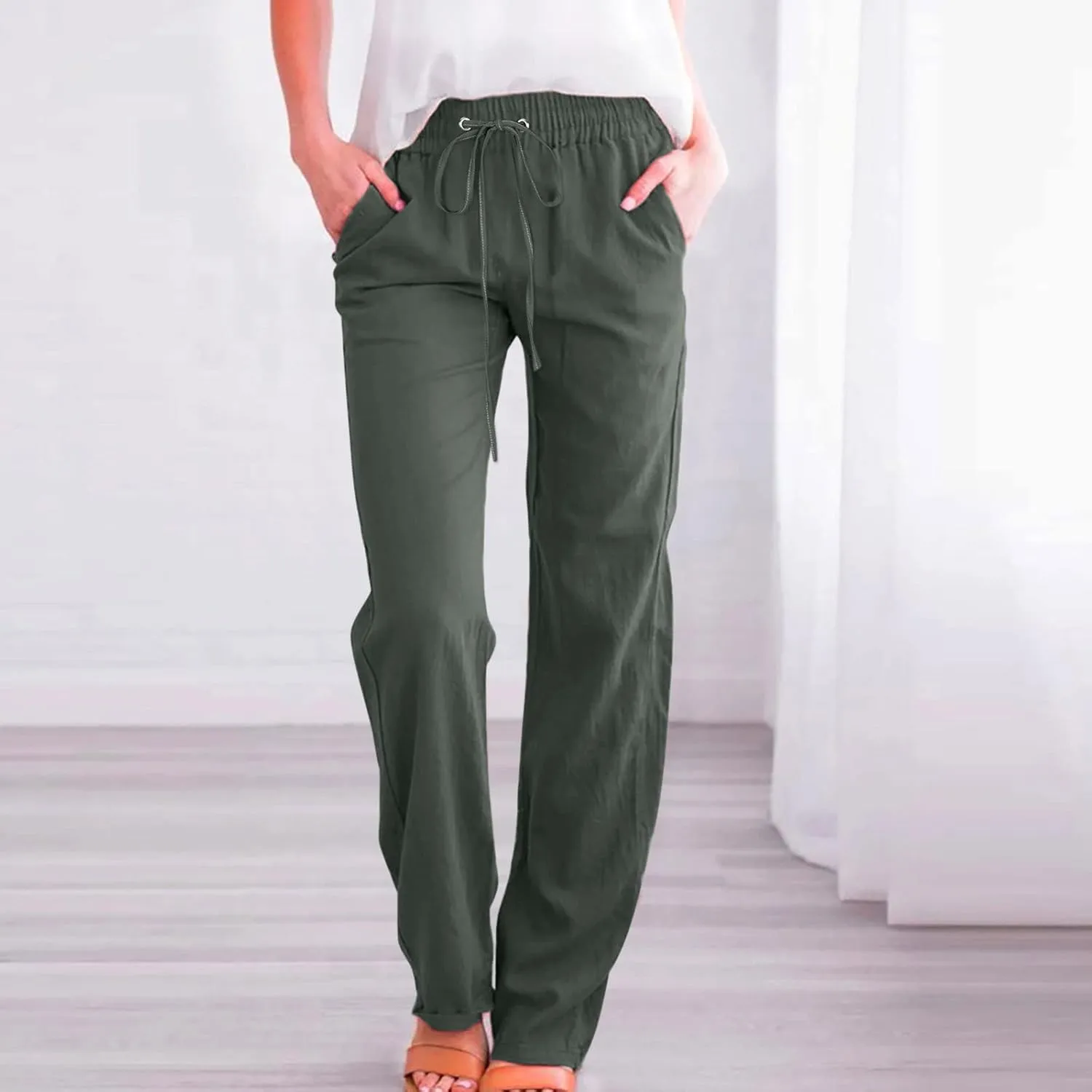 Womens Casual Cotton Linen Pants Lightweight Summer Relax Fit Elastic Waist Plus Size Solid Lounge Long Trousers