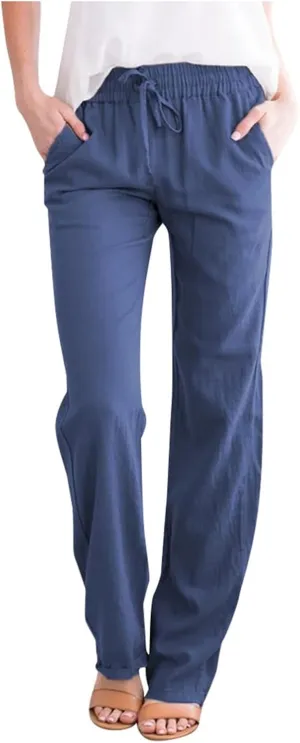 Womens Casual Cotton Linen Pants Lightweight Summer Relax Fit Elastic Waist Plus Size Solid Lounge Long Trousers
