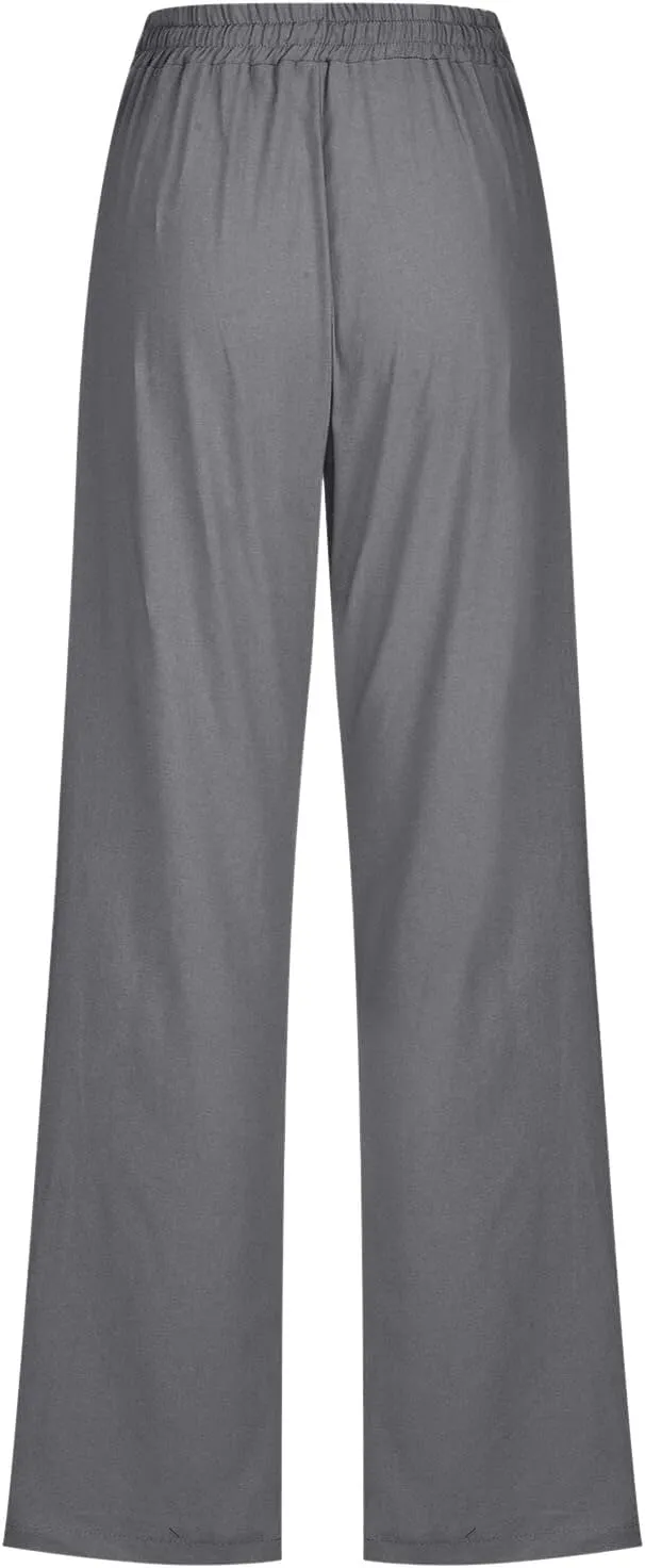 Womens Casual Cotton Linen Pants Lightweight Summer Relax Fit Elastic Waist Plus Size Solid Lounge Long Trousers